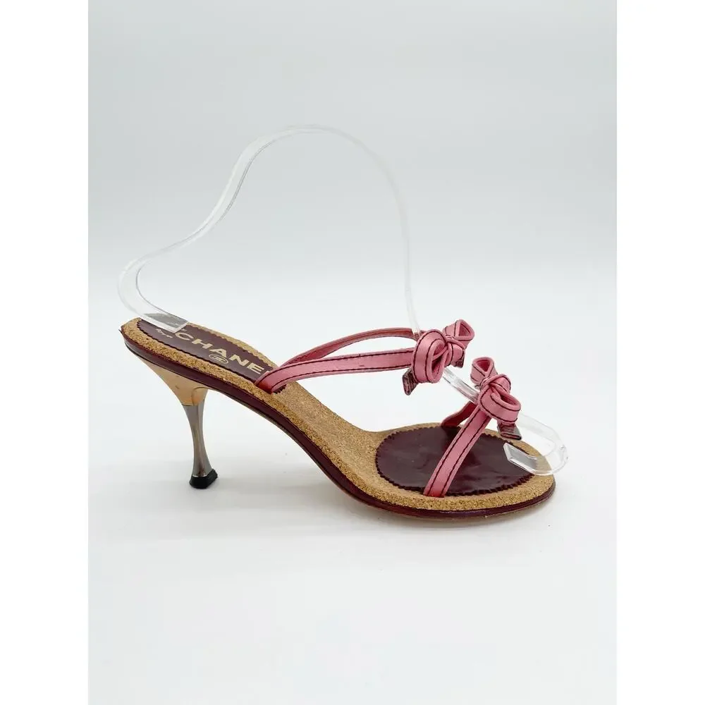 Chanel Vintage Pink Double Strap Satin Bow Cork Sole Slide Sandal Heels EU 37.5